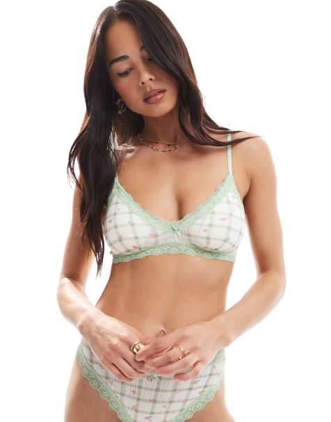 Cotton On triangle bralet with bow in check ditsy lilac - view 1