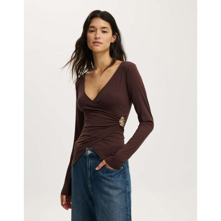 SweatyRocks Women's Long Sleeve Wrap Ruched Tee - V Neck Slim Fit Casual Top With Button Detail
