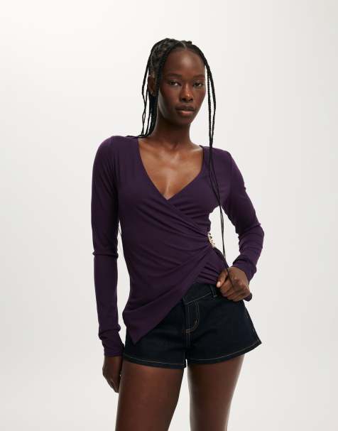 Cotton On Trim detail long sleeve wrap top in burgundy - view 1