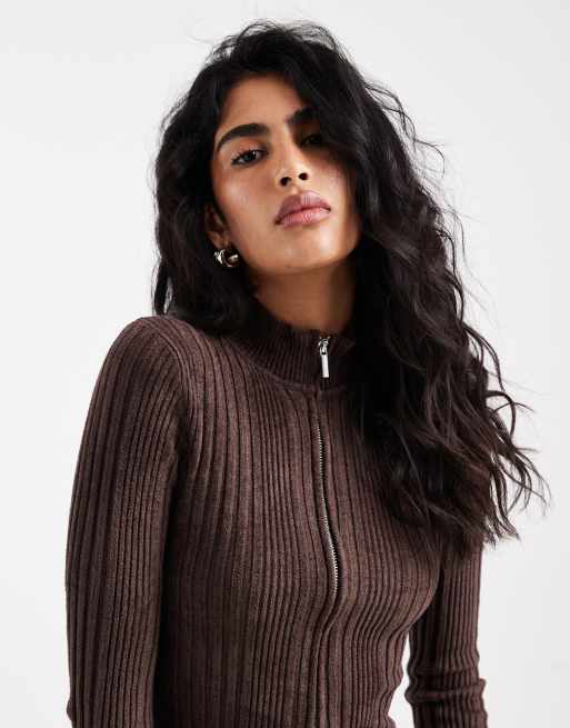 Cotton On - Trui met verschillende ribbels en rits in donkerbruin , 4 van 4