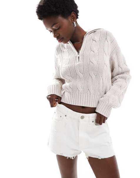 Cotton On - Trui van katoen met kabels en korte rits in beige - view 1