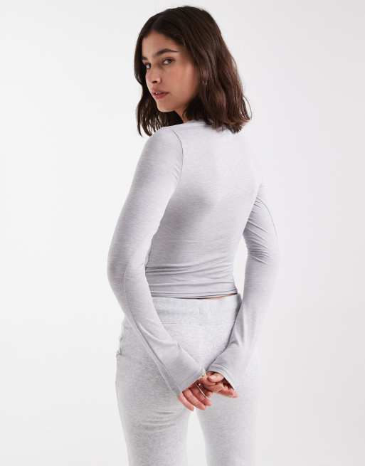 Cotton On ultra soft plunge long sleeve top in grey, 4 of 4