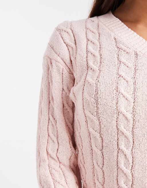 Cotton On v-neck cotton cropped cable jumper in peony pink, 3 of 4