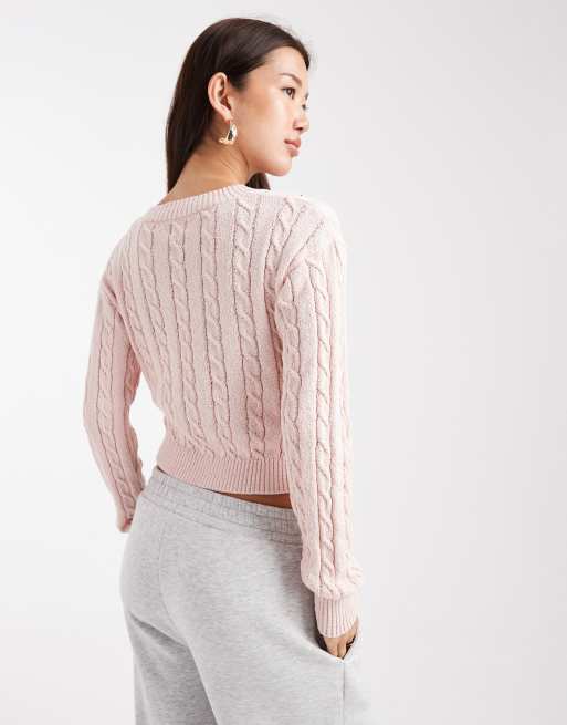 Cotton On v-neck cotton cropped cable jumper in peony pink, 4 of 4