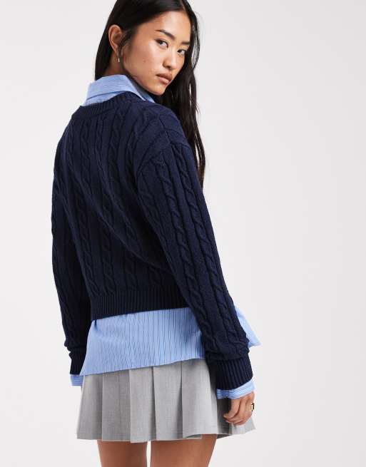 Cotton On v neck cotton cropped cable knit pullover sweater in moonlit indigo, 4 of 4