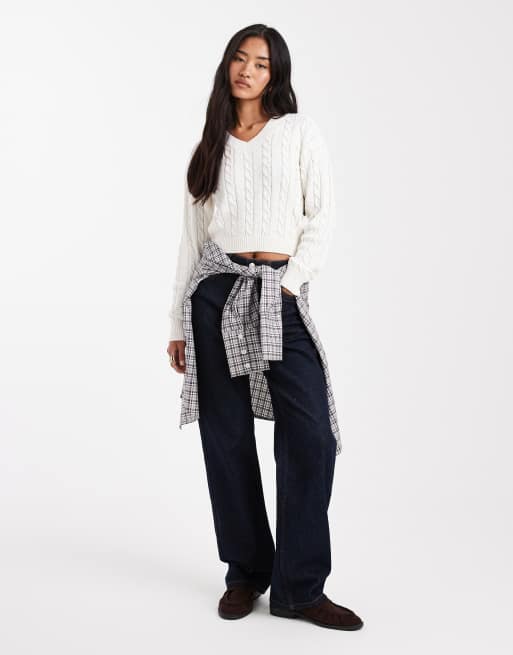 Cotton On v neck cotton cropped cable knit pullover sweater in porcelain