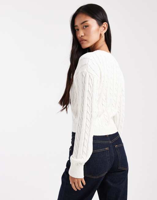 Cotton On v neck cotton cropped cable knit pullover sweater in porcelain