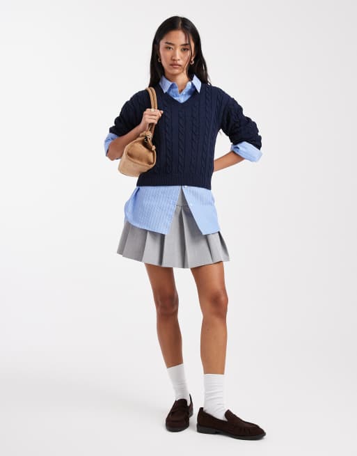 Cotton On v-neck cotton cropped cable pullover in moonlit indigo, 2 of 4