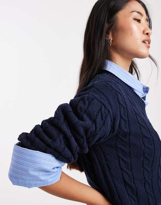 Cotton On v-neck cotton cropped cable pullover in moonlit indigo, 3 of 4