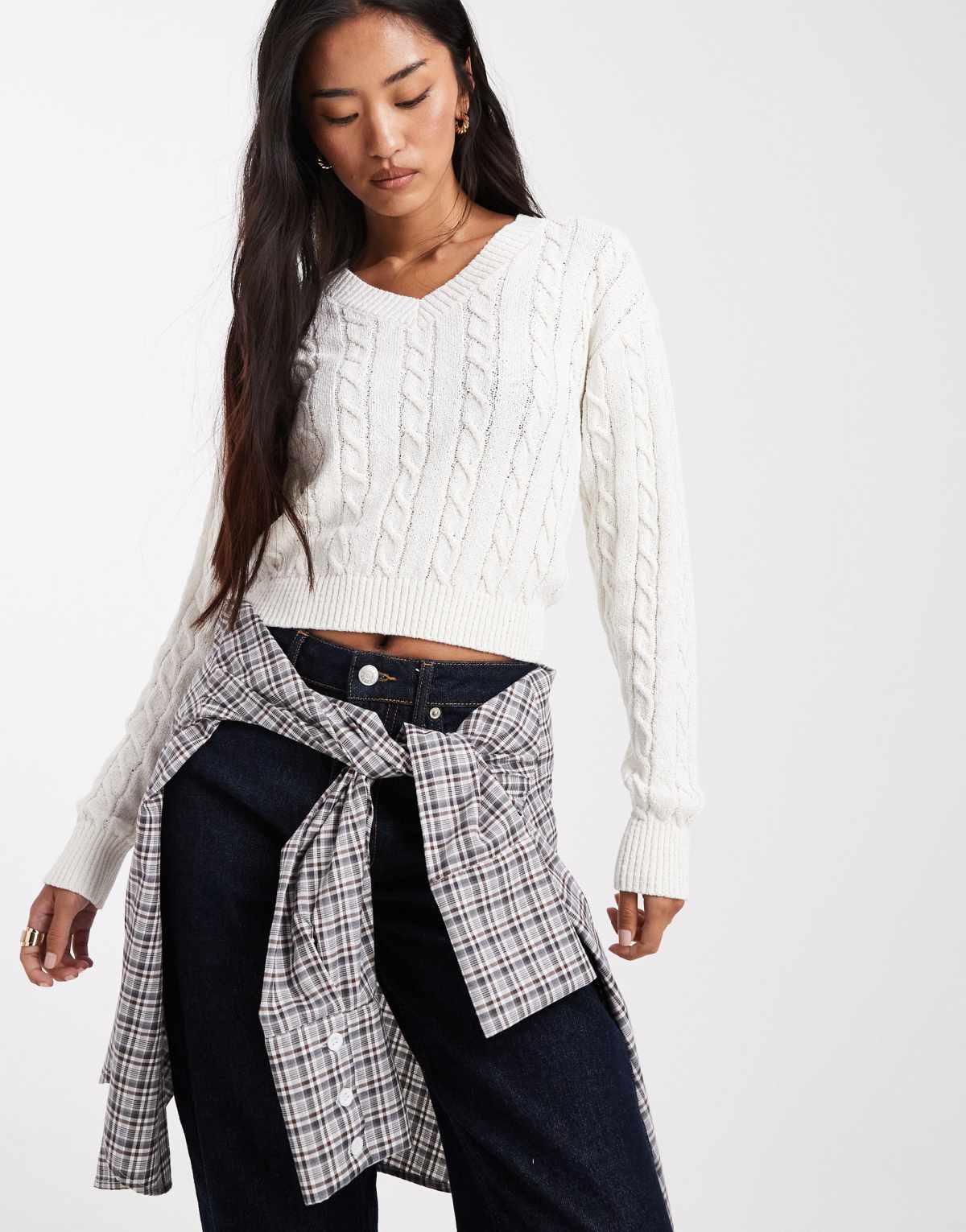 Cotton On v-neck cotton cropped cable pullover in porcelain