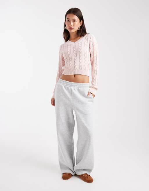 Cotton On v-neck cotton cropped cable sweater in peony pink