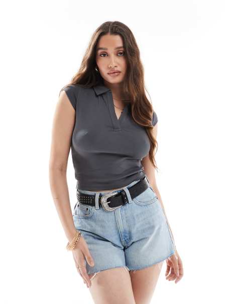 Cotton On v neck cropped polo shirt in burnt ember - view 1