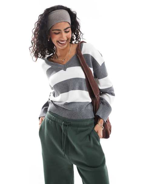 Cotton On v neck preppy jumper in grey and white stripe - view 1