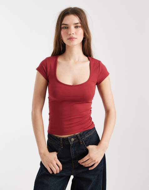 Cotton On v neck short sleeve top in cranberry cider - view 1