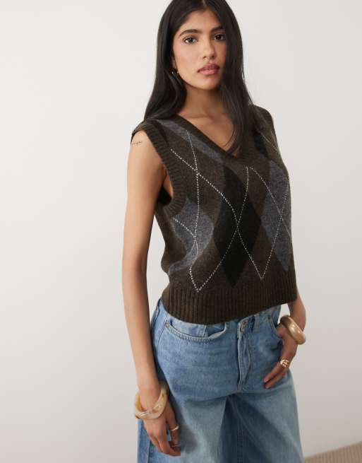 Cotton On V neck slouch tank top in charcoal argyle, 4 of 4