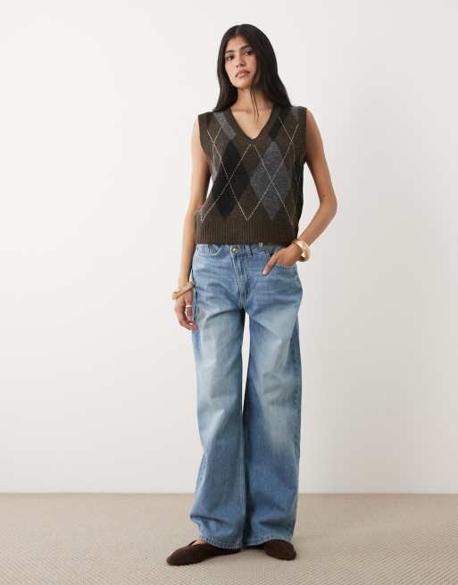 Cotton On V neck slouch vest in charcoal argyle, 2 of 4