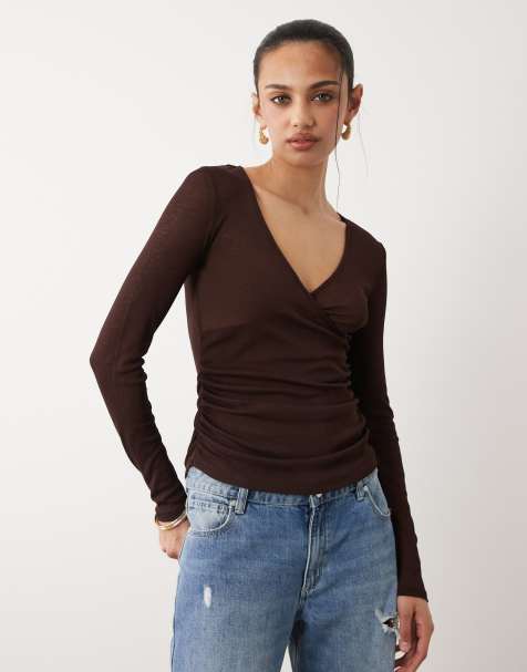 Cotton On v neck wrap top in dark oak - view 1