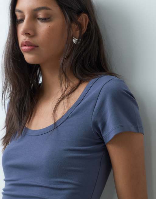 Cotton On vardaglig slät t-shirt med djup halsringning i marinblått, 5 av 5