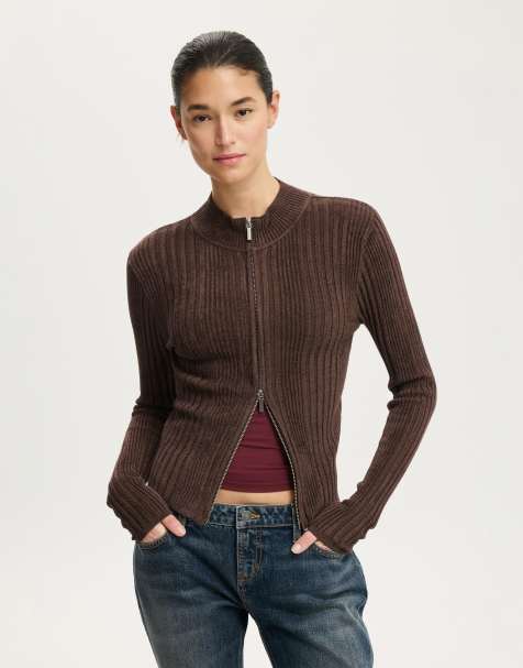 Cotton On Variegated rib zip through in brown - view 1