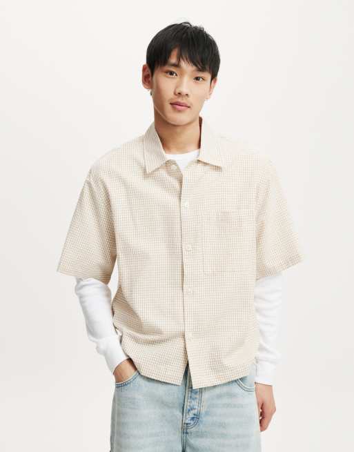 Cotton On Ventura short sleeve shirt in stone micro check - BEIGE