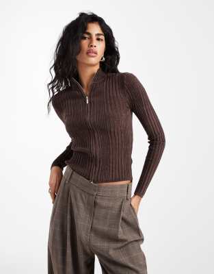 Cotton On Verigated Rib Zip Up In Brown