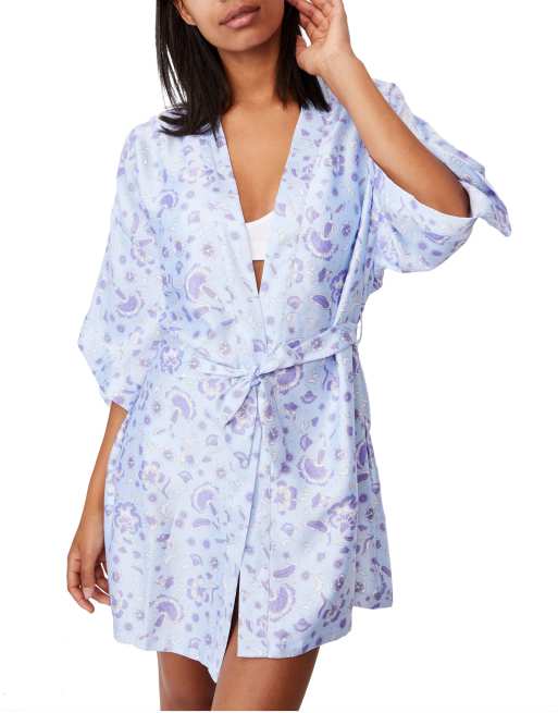 Cotton On - Vestaglia in raso blu stampata 