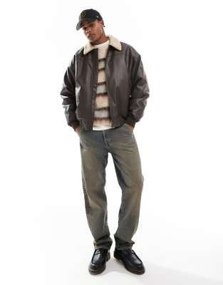 Cotton On - Veste flight en similicuir avec col en fausse fourrure - Marron