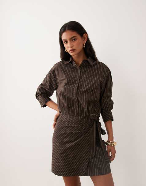 Cotton On - vestido corto camisero a rayas marrón oscuro - view 1