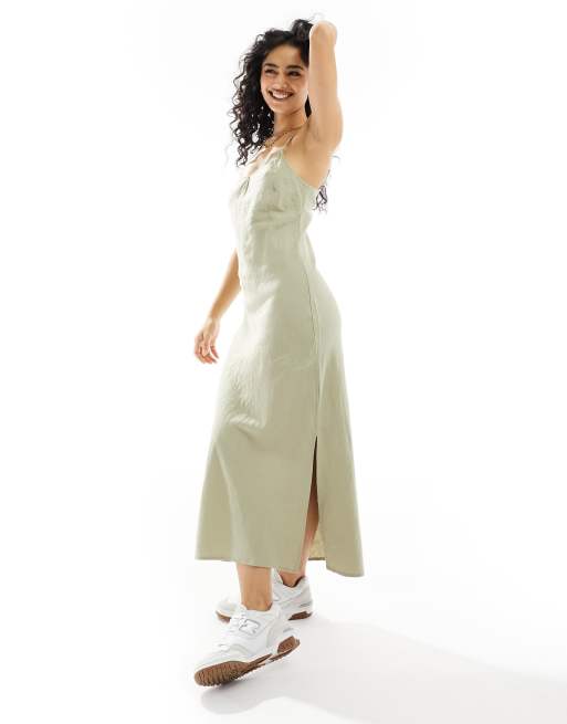 Cotton On - Vestito a trapezio midi effetto lino verde salvia 