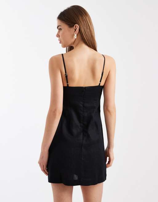 Cotton On - Vestito corto in lino nero con bustino arricciato, 4 di 4