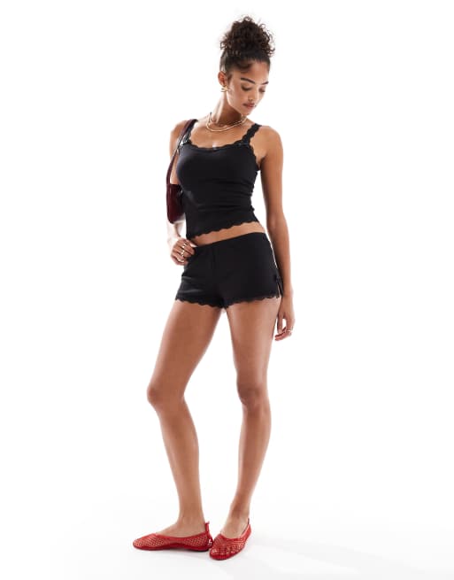 Cotton On waffle lace edge boy shorts in black - part of a set, 2 of 5
