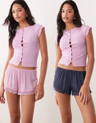 Cotton On washed satin and lace sleep shorts 2 pack in pink and blue multi