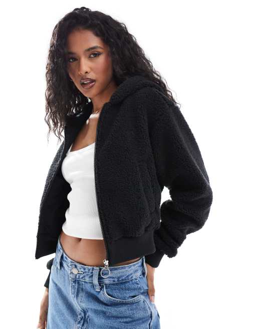 Cotton On Washed Sherpa Zip Jacket in Black White