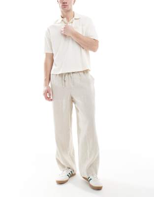 Cotton On - Weit geschnittene Leinenhose in Hellbeige-Weiß