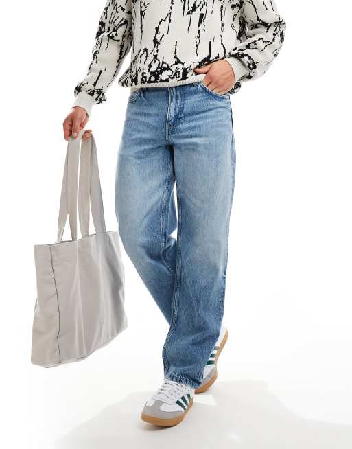 Cotton On – Weite Denim-Jeans in Kanonenkugel-Blau mit Kontrastnaht