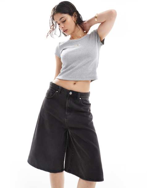 Cotton On wide denim jorts in used black - view 1