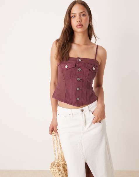 Cotton On Willow denim corset in burgundy  - AUBURN - view 1