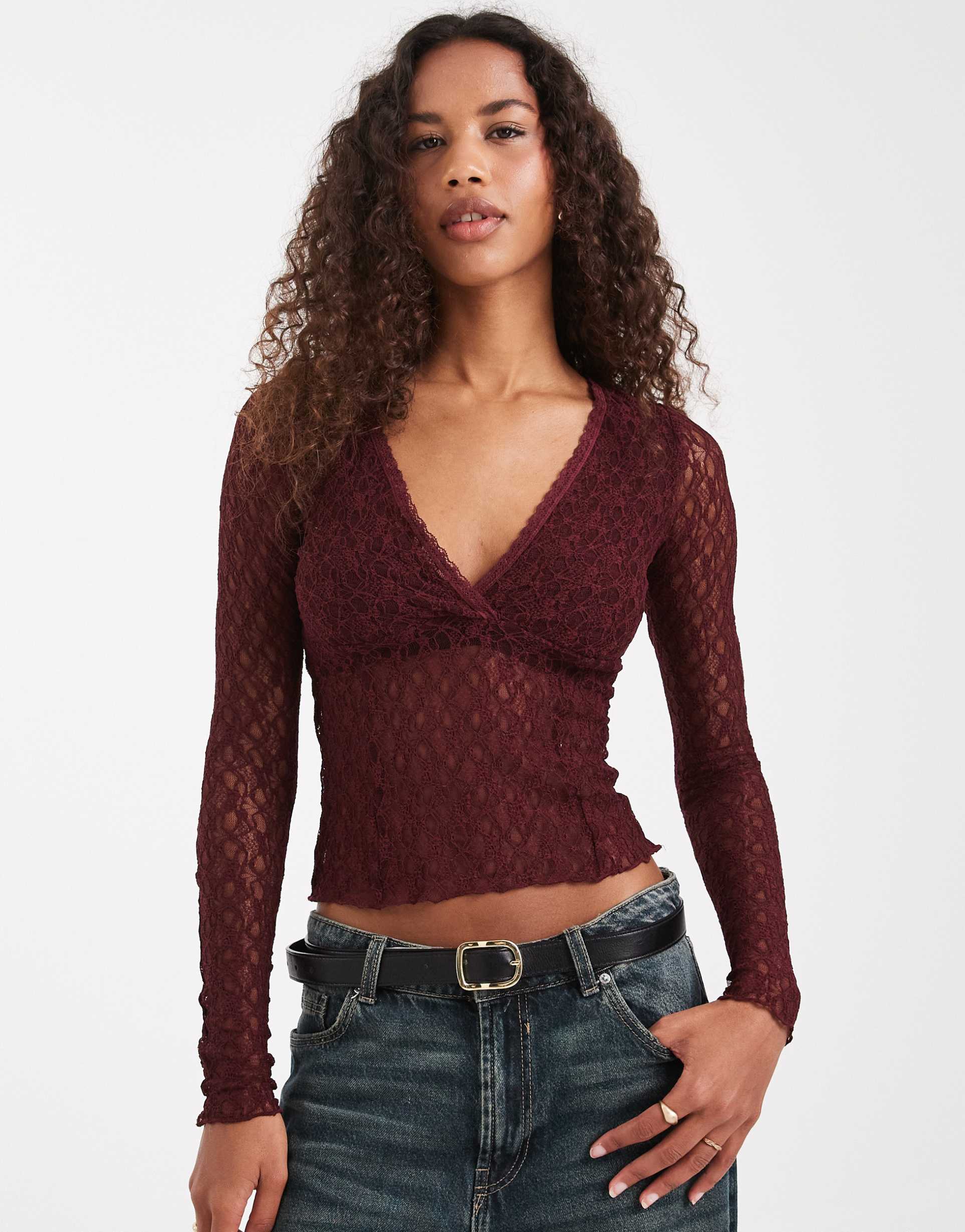 cotton on zali cross over long sleeve top in cherry lace