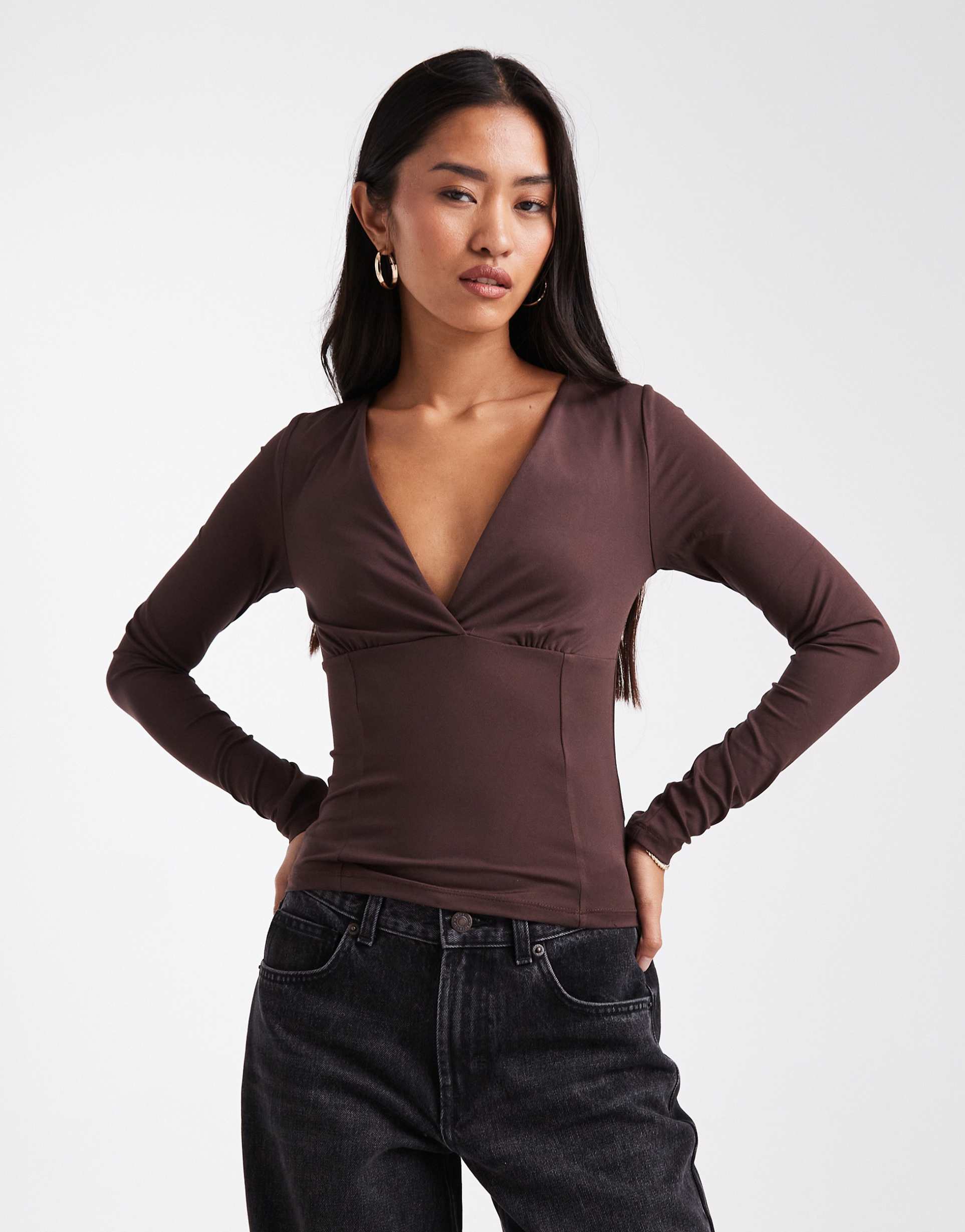 cotton on zali crossover long sleeve top in brown american oak