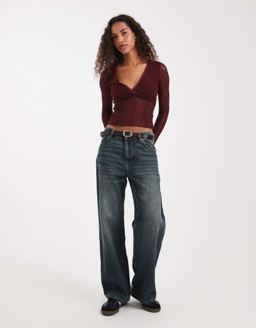 Cotton On - Zali -Top cache-cœur en dentelle à manches longues - Cerise, 4 de 4