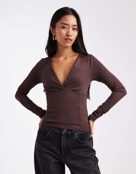 Cotton On - Zali - Top met gekruist detail en lange mouwen in bruin - view 1