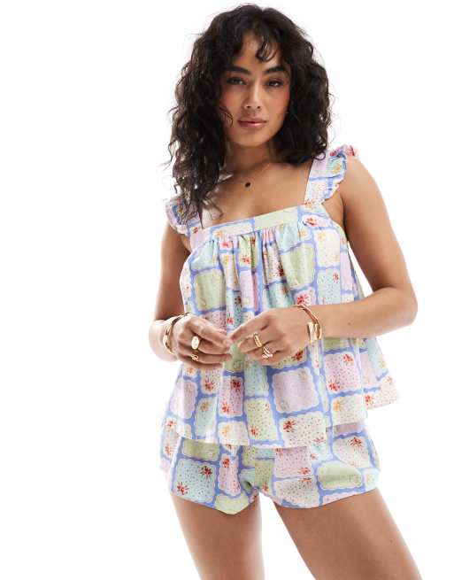 Cotton On – Zestaw z topem na ramiączkach w stylu babydoll z tkaniny we wzór w chustki