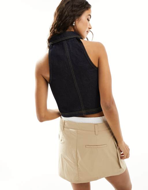 Cotton On zip front halter denim fitted vest top | ASOS