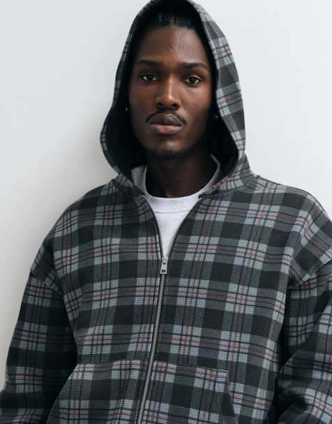 Cotton On zip up hoodie in washed black check - view 1