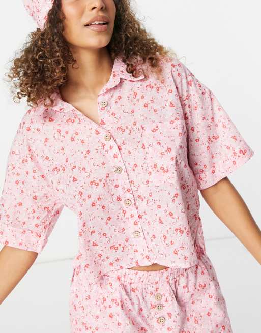 Lucky Brand Women's 3 Piece Pajama Set, Tee, Short, and Pant (Pink Floral,  Large)