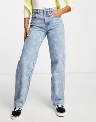 Cotton:On 90s straight leg jean in blue butterfly print  - ASOS Price Checker
