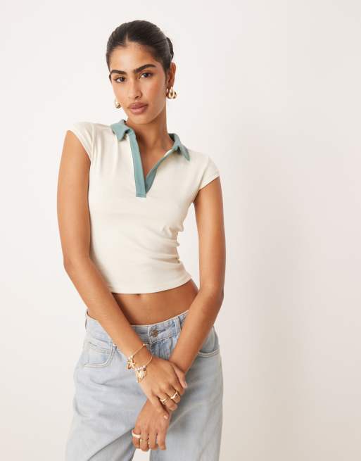 Cotton:On Alice deep v polo in creme fraiche/contrast