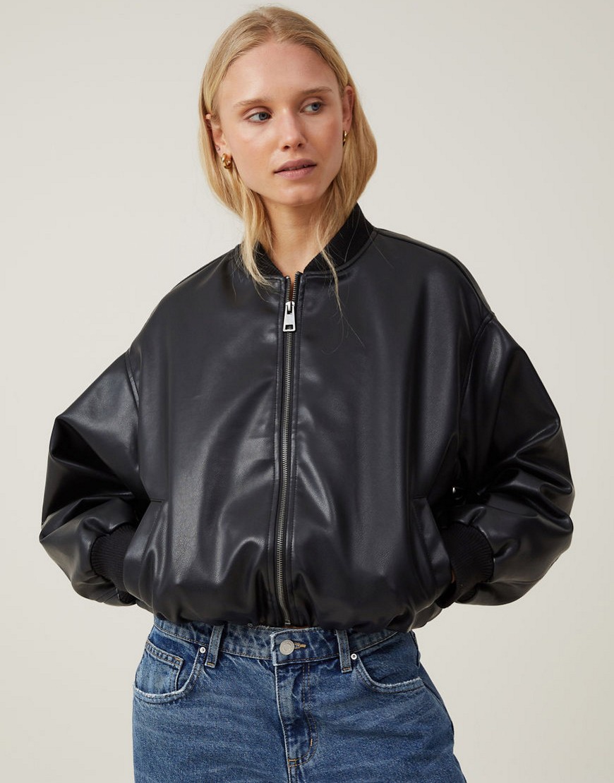 Cotton:On Aries faux leather bomber jacket in black