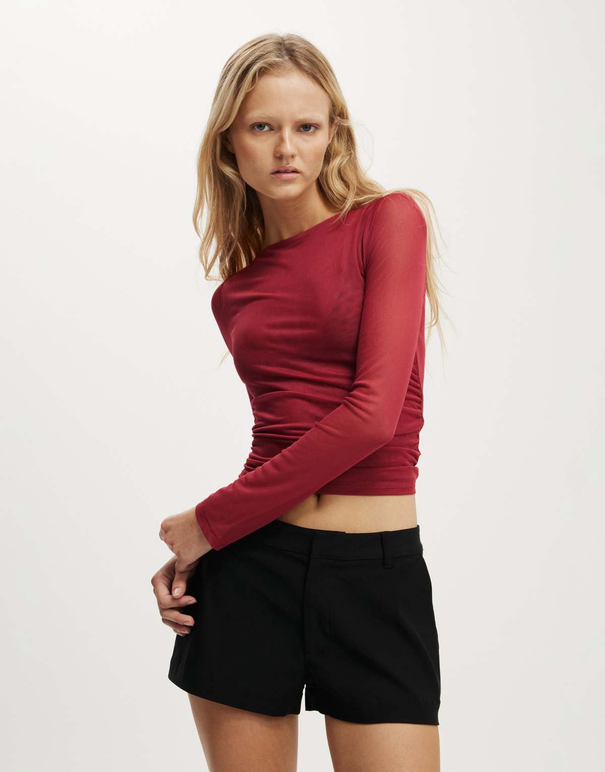Cotton:On Ashley mesh long sleeve top in burgundy