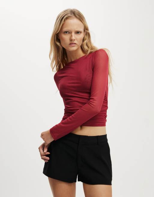Cotton:On Ashley mesh long sleeve top in burgundy